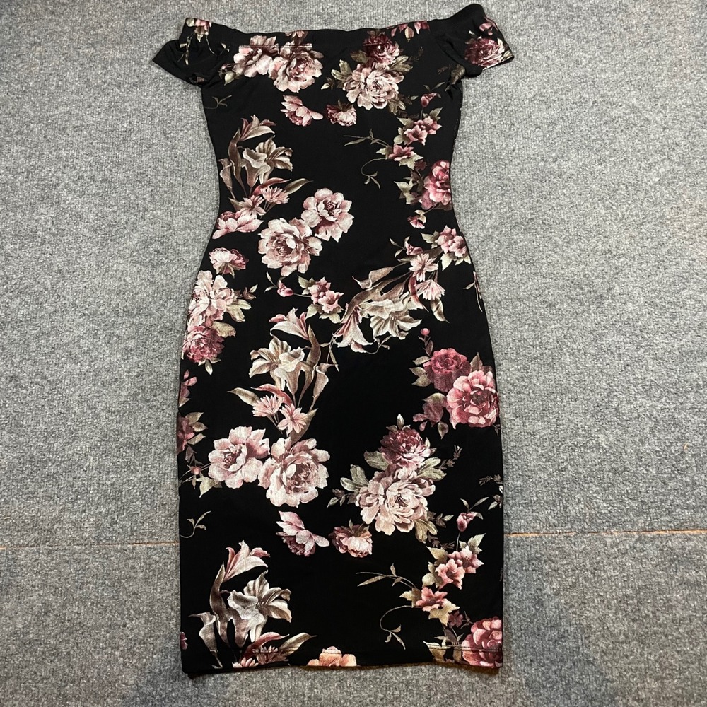 Guess Bodycon Dress Small Black Metallic Floral Off Shoulder Mesh Y2K USA Made